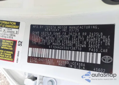 2025 Toyota Camry Se from USA, damaged, VIN 4T1DAACK5SU138710